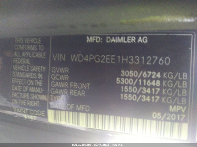 2017 Mercedes-Benz Metris, VIN: WD4PG2EE1H3312760