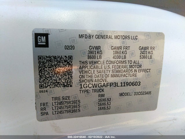 2020 Chevrolet Express, VIN: 1GCWGAFP3L1190603