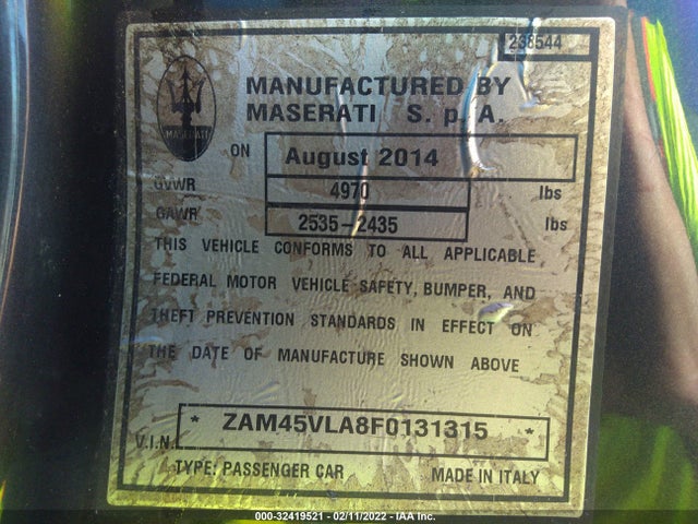 2015 Maserati Granturismo, VIN: ZAM45VLA8F0131315