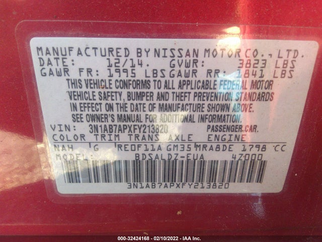 2015 NISSAN SENTRA SR/SL/S/SV/FE+ S VIN: 3N1AB7APXFY213820