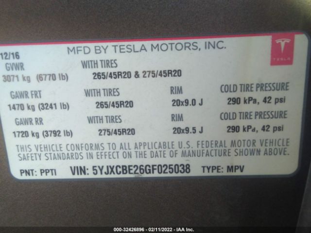 5YJXCBE26GF025038 Tesla Model X 60d/70d/75d/90d/p100d