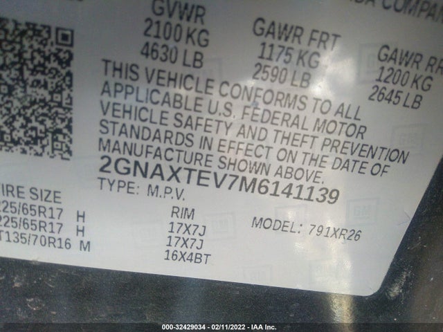 Chevrolet EQUINOX LT 2021 2GNAXTEV7M6141139 Image 9