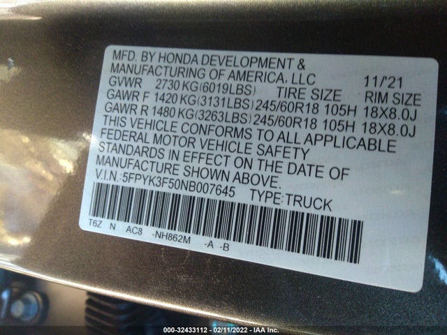 2022 Honda Ridgeline, VIN: 5FPYK3F50NB007645
