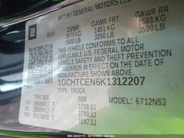 Aukcja sprzedaży 2019 Chevrolet Colorado 4wd Lt, vin: 1GCHTCEN6K1312207, numer aukcji: 32433172