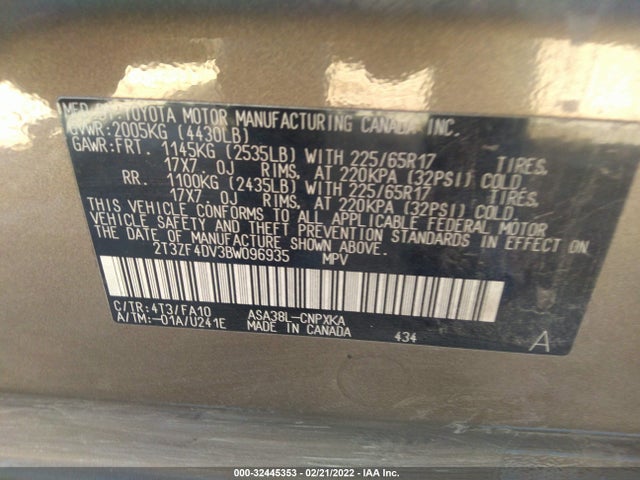 2011 TOYOTA RAV4 VIN: 2T3ZF4DV3BW096935