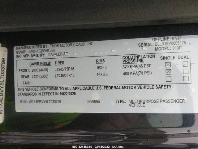 2022 Mercedes-Benz Sprinter, VIN: W1X4EBVY5LT033799