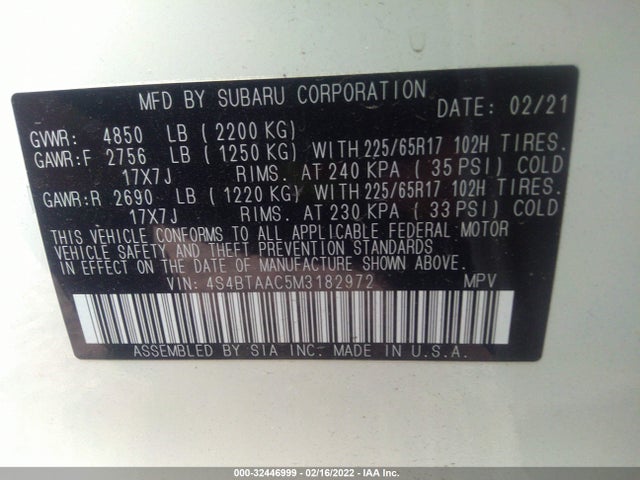 2021 Subaru Outback, VIN: 4S4BTAAC5M3182972