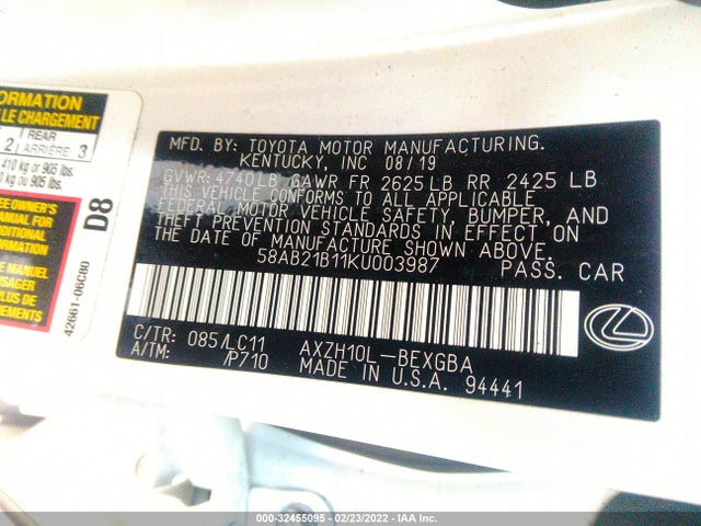 2019 Lexus ES, VIN: 58AB21B11KU003987