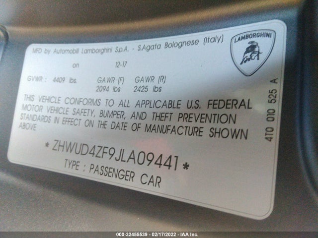 2018 Lamborghini Huracan, VIN: ZHWUD4ZF9JLA09441