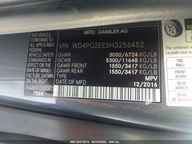 2017 Mercedes-Benz Metris, VIN: WD4PG2EE5H3256452