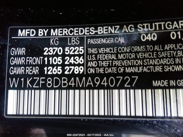 Aukcja sprzedaży 2021 Mercedes-benz E 350, vin: W1KZF8DB4MA940727, numer aukcji: 32472523