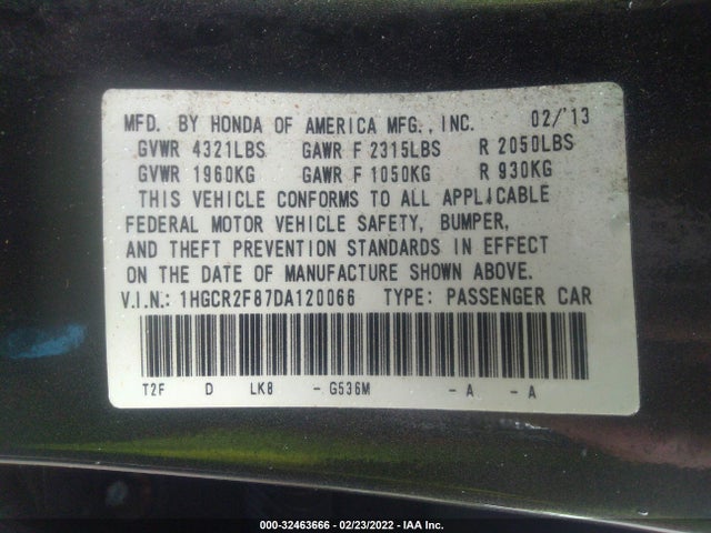 2013 HONDA ACCORD SDN EX-L VIN: 1HGCR2F87DA120066