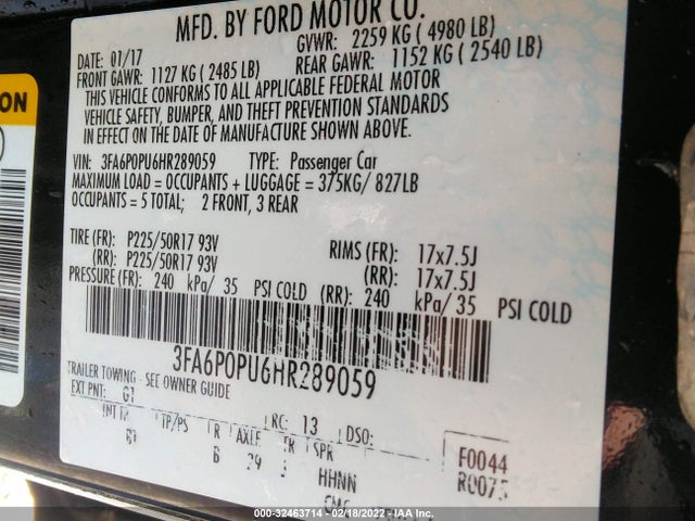 2017 Ford Fusion, VIN: 3FA6P0PU6HR289059