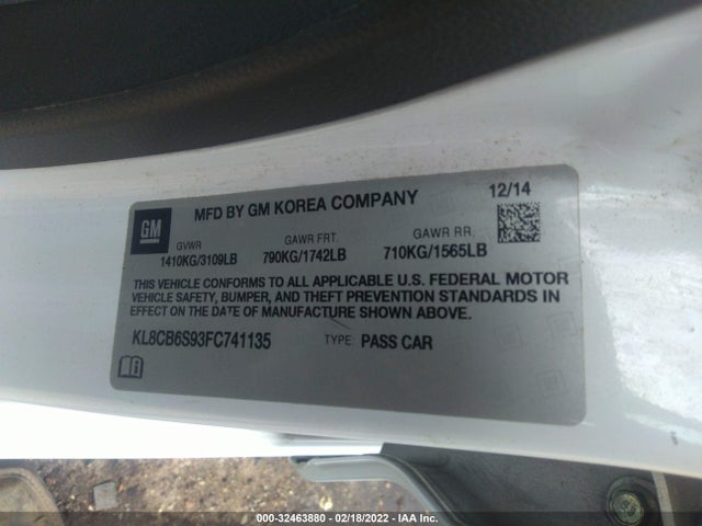 2015 Chevrolet Spark, VIN: KL8CB6S93FC741135