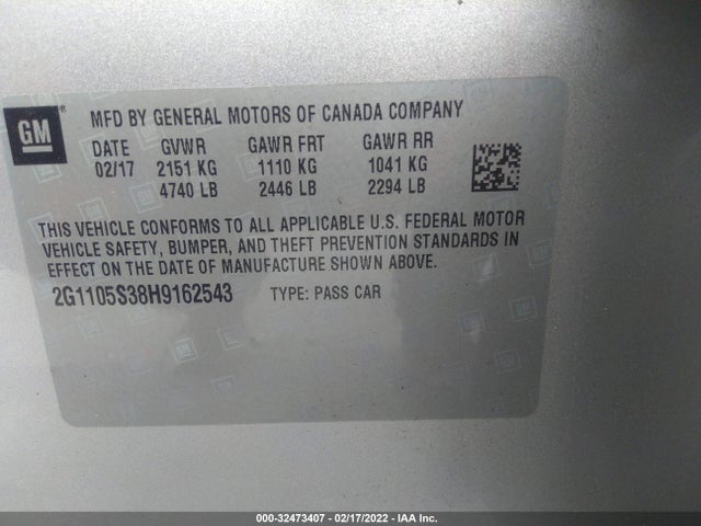Chevrolet IMPALA 1LT 2017 2G1105S38H9162543 Image 9