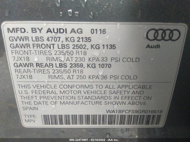 2016 Audi Q3, VIN: WA1BFCFS9GR016618