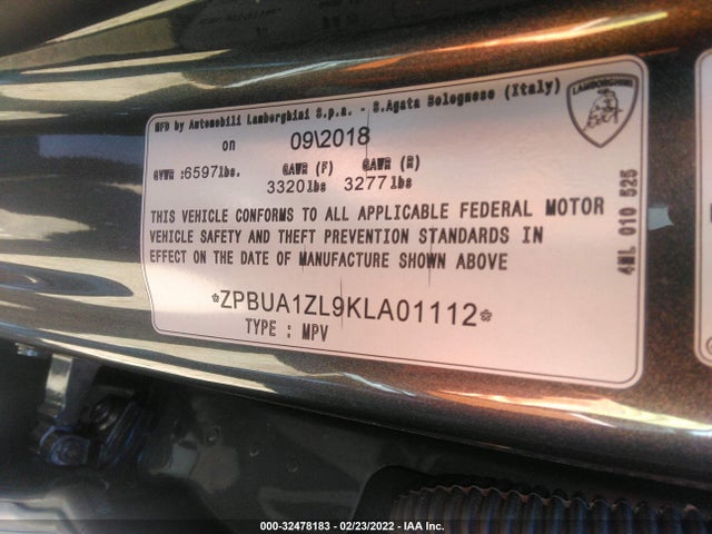 2019 Lamborghini URUS, VIN: ZPBUA1ZL9KLA01112