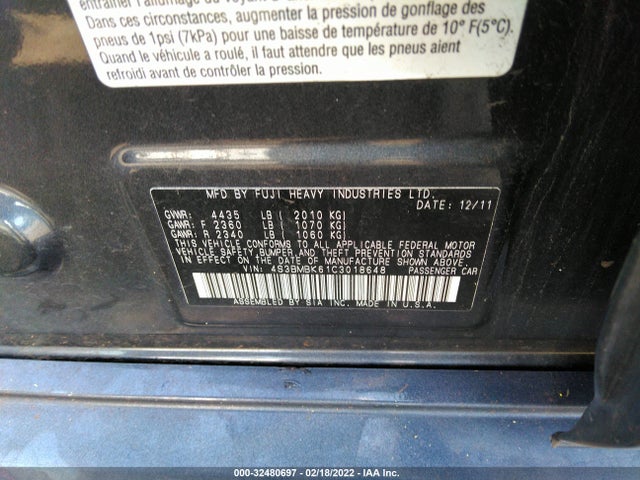 2012 SUBARU LEGACY VIN: 4S3BMBK61C3018648