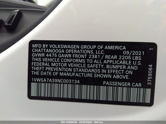 2022 Volkswagen Passat, VIN: 1VWSA7A39NC003134