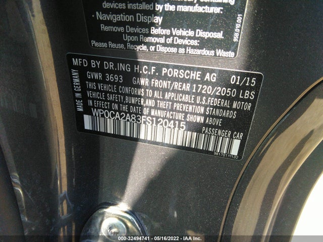 2015 Porsche Boxster, VIN: WP0CA2A83FS120415