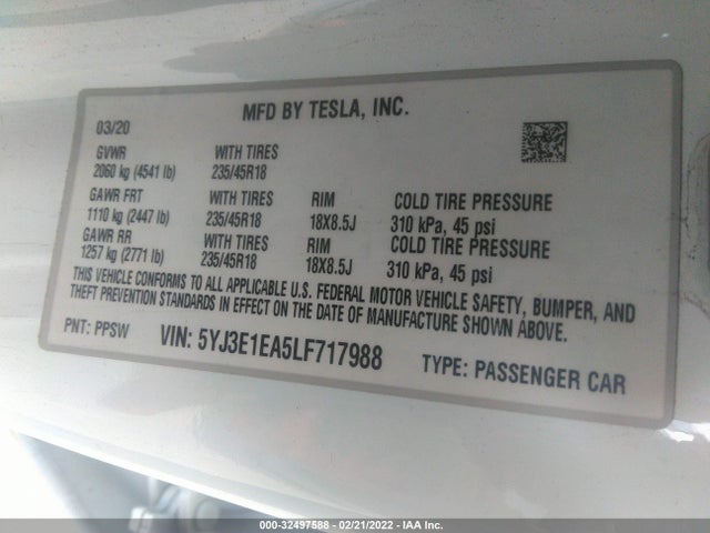 Tesla Model 3 Standard Range 2020 5YJ3E1EA5LF717988 Image 9