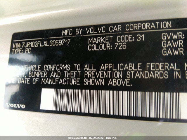 2020 Volvo S60, VIN: 7JR102FLXLG059717