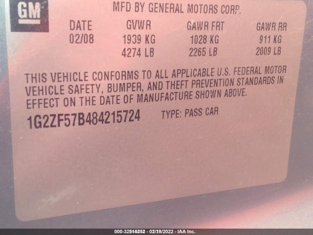 2008 PONTIAC G6 1SV VALUE LEADER VIN: 1G2ZF57B484215724