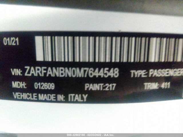 2021 Alfa Romeo Giulia, VIN: ZARFANBN0M7644548