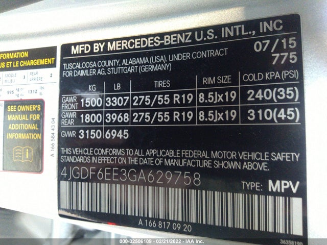 2016 MERCEDES-BENZ GL VIN: 4JGDF6EE3GA629758