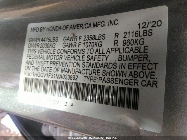 2021 HONDA ACCORD SEDAN VIN: 1HGCV1F31MA023892