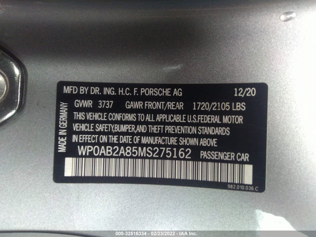2021 Porsche 718, VIN: WP0AB2A85MS275162
