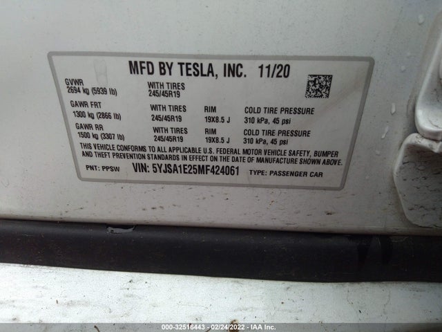 2021 Tesla Model S, VIN: 5YJSA1E25MF424061