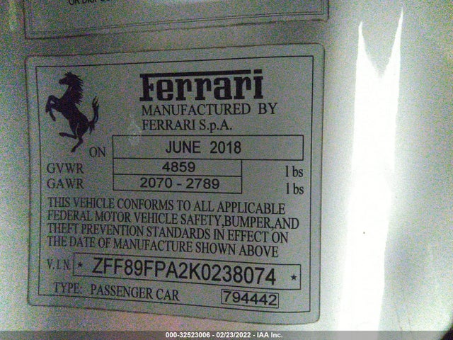 2019 Ferrari Portofino, VIN: ZFF89FPA2K0238074