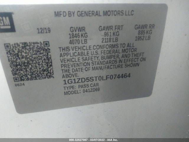 2020 CHEVROLET MALIBU FWD LT VIN: 1G1ZD5ST0LF074464