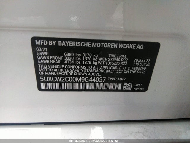 2021 BMW X7, VIN: 5UXCW2C00M9G44037
