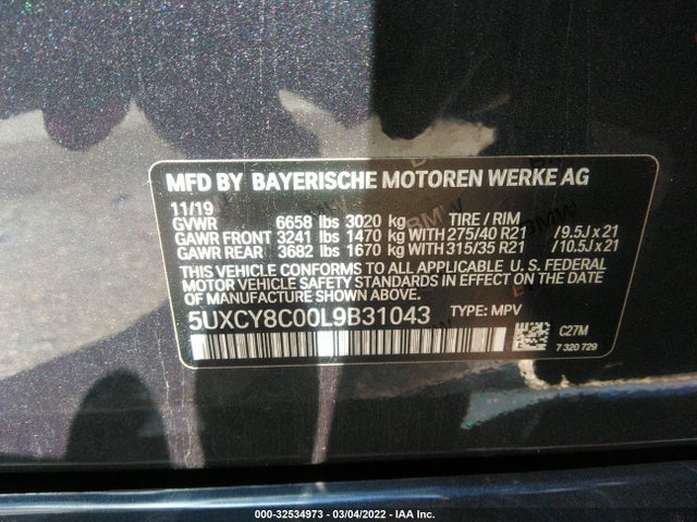 2020 BMW X6, VIN: 5UXCY8C00L9B31043