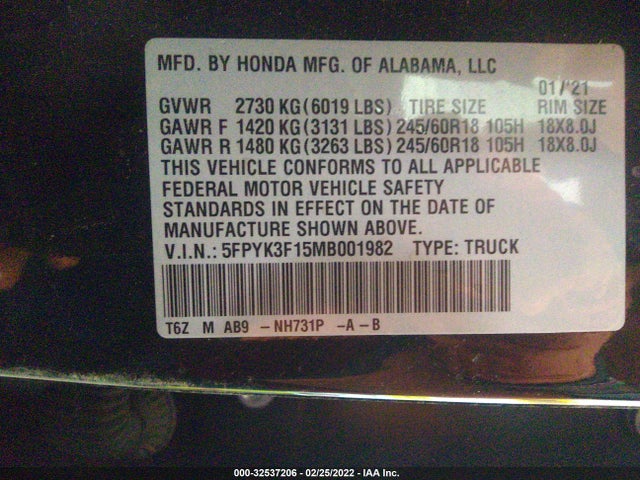 2021 Honda Ridgeline, VIN: 5FPYK3F15MB001982