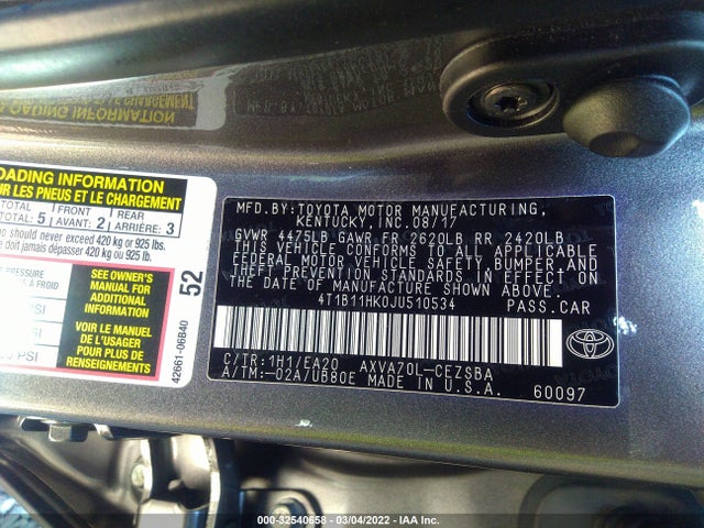 4T1B11HK0JU510534 Toyota CAMRY SE