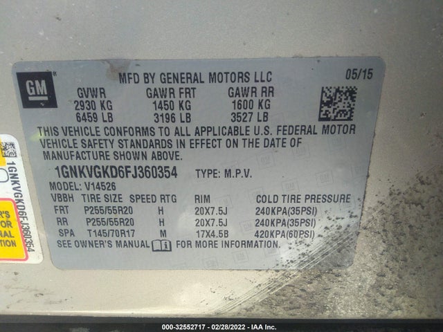 2015 Chevrolet Traverse, VIN: 1GNKVGKD6FJ360354