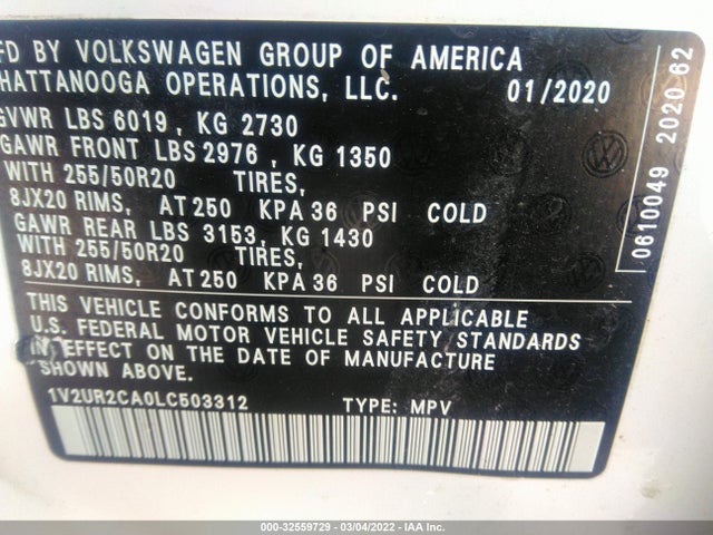 2020 Volkswagen Atlas, VIN: 1V2UR2CA0LC503312