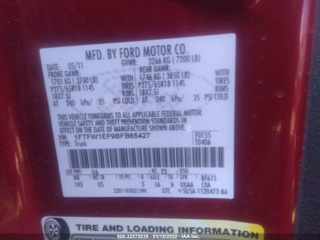 2011 FORD F-150 XL/XLT/FX4/LARIAT VIN: 1FTFW1EF9BFB65427