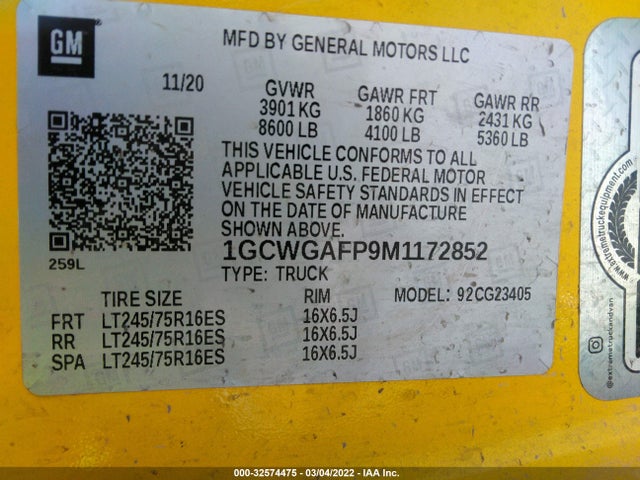 2021 Chevrolet Express, VIN: 1GCWGAFP9M1172852