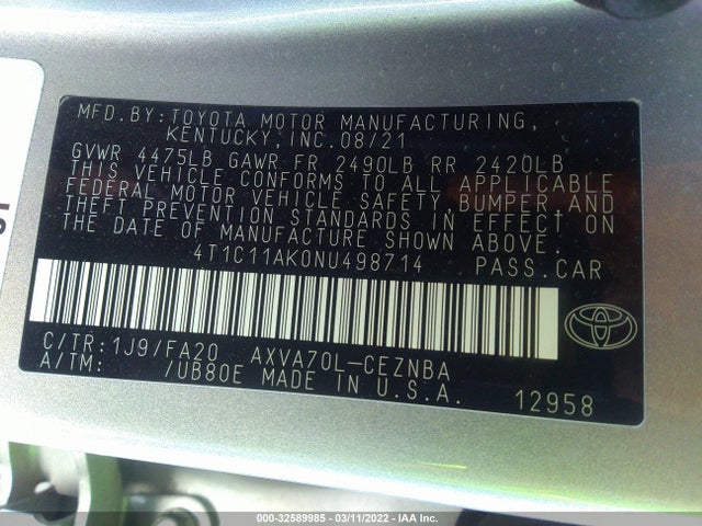 2022 Toyota Camry, VIN: 4T1C11AK0NU498714