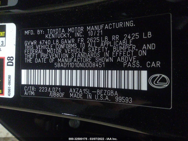 2022 Lexus ES, VIN: 58AD11D10NU008451