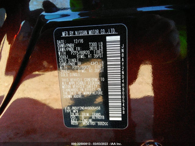 2017 Nissan Armada, VIN: JN8AY2ND4H9005458