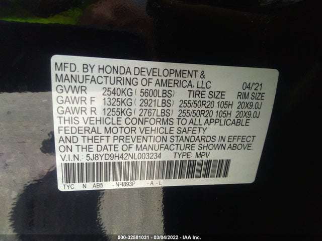 2022 Acura MDX, VIN: 5J8YD9H42NL003234