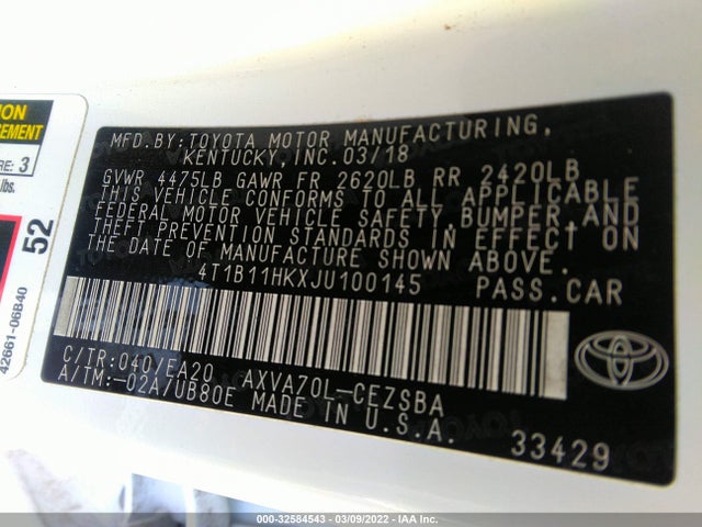 2018 Toyota Camry, VIN: 4T1B11HKXJU100145