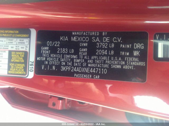 3KPF24ADXNE447110 KIA Forte Lxs