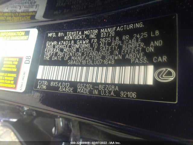 2020 Lexus ES, VIN: 58ADZ1B13LU071648