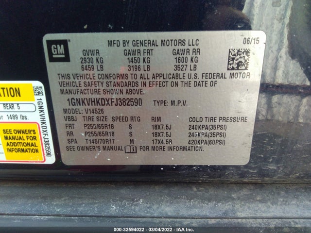 2015 Chevrolet Traverse, VIN: 1GNKVHKDXFJ382590